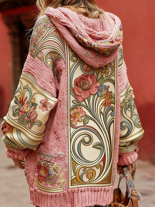 Damski styl vintage świadomość raka piersi z motywem kwiatowy wzór na guziki wygodny sweter z kapturem