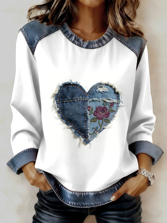 Damska bluza z motywem patchworku w stylu retro z kwiatowym sercem