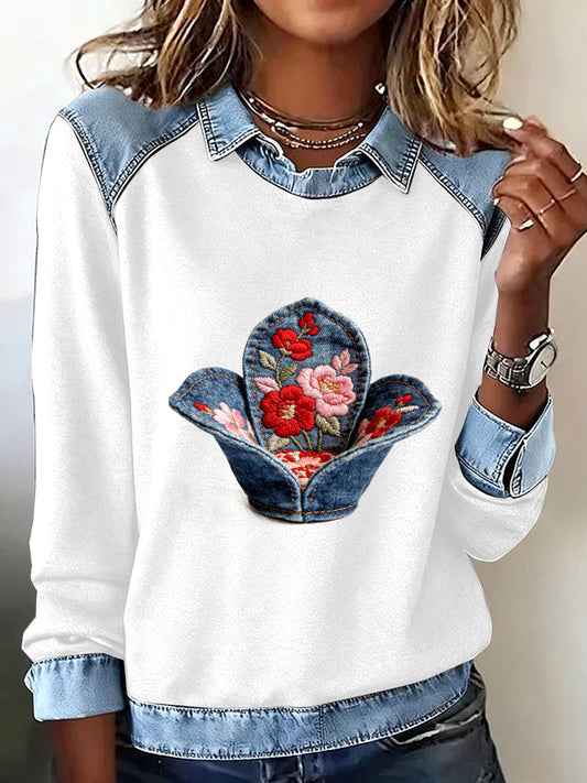 Damska bluza w stylu retro w kwiatowy wzór patchwork