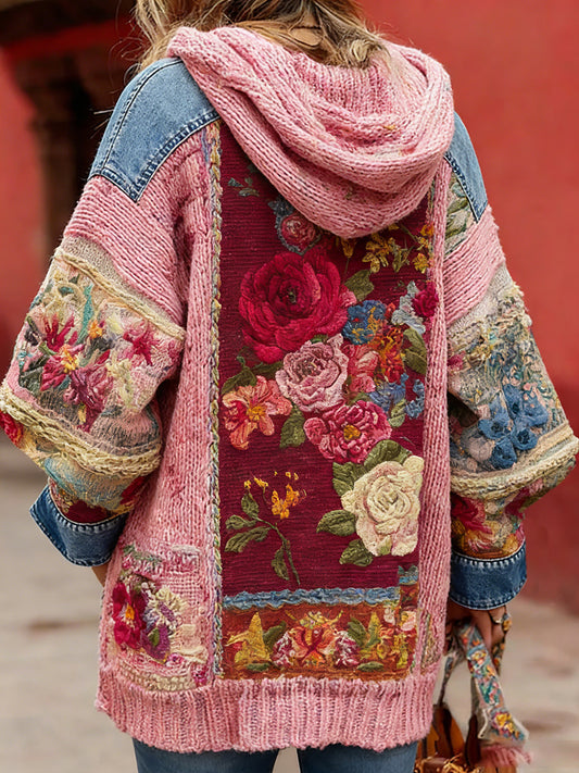 Damski styl vintage świadomość raka piersi z motywem kwiatowy wzór na guziki wygodny sweter z kapturem