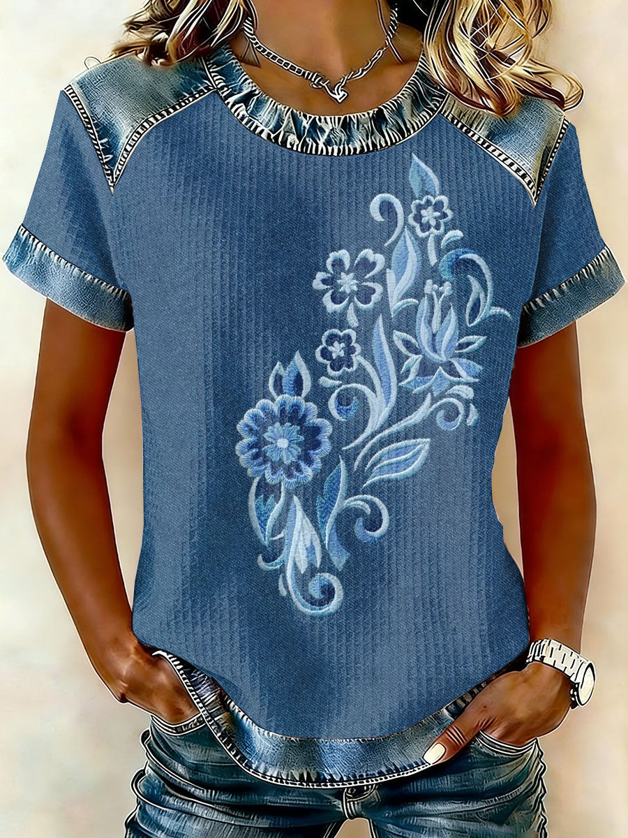 Damska koszulka z krótkim rękawem w stylu vintage z motywem patchworku