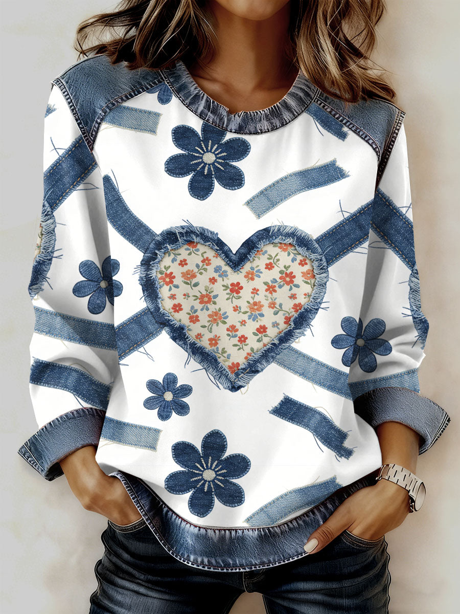 Damska bluza z motywem patchworku w stylu retro z kwiatowym sercem