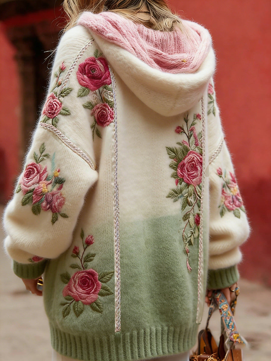 Damski styl vintage świadomość raka piersi z motywem kwiatowy wzór na guziki wygodny sweter z kapturem