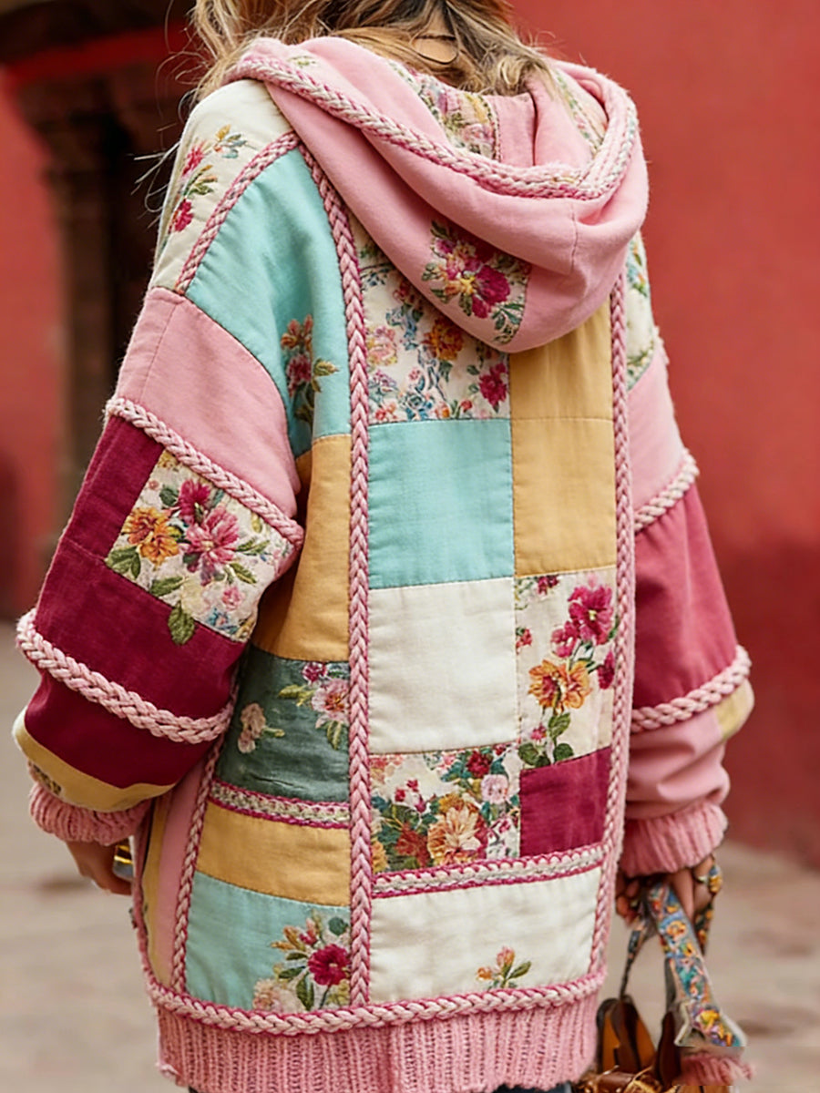 Damski styl vintage świadomość raka piersi z motywem kwiatowy wzór na guziki wygodny sweter z kapturem