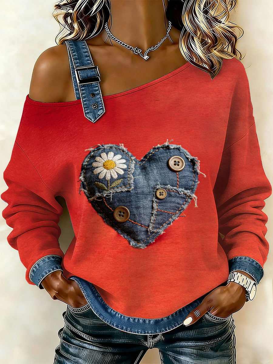 Damska bluza z motywem patchworku w stylu retro z kwiatowym sercem