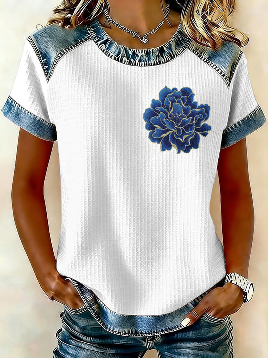 Damska koszulka z krótkim rękawem w stylu vintage z motywem patchworku