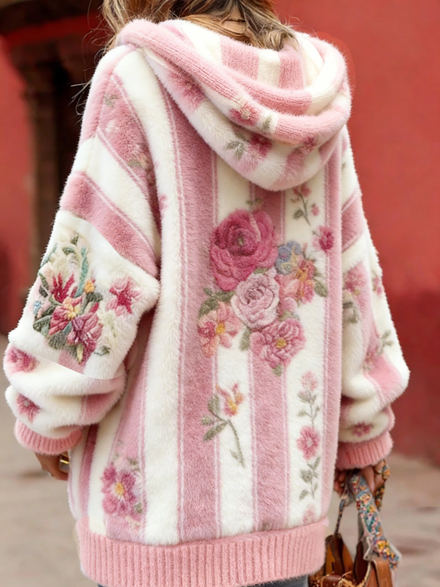 Damski styl vintage świadomość raka piersi z motywem kwiatowy wzór na guziki wygodny sweter z kapturem