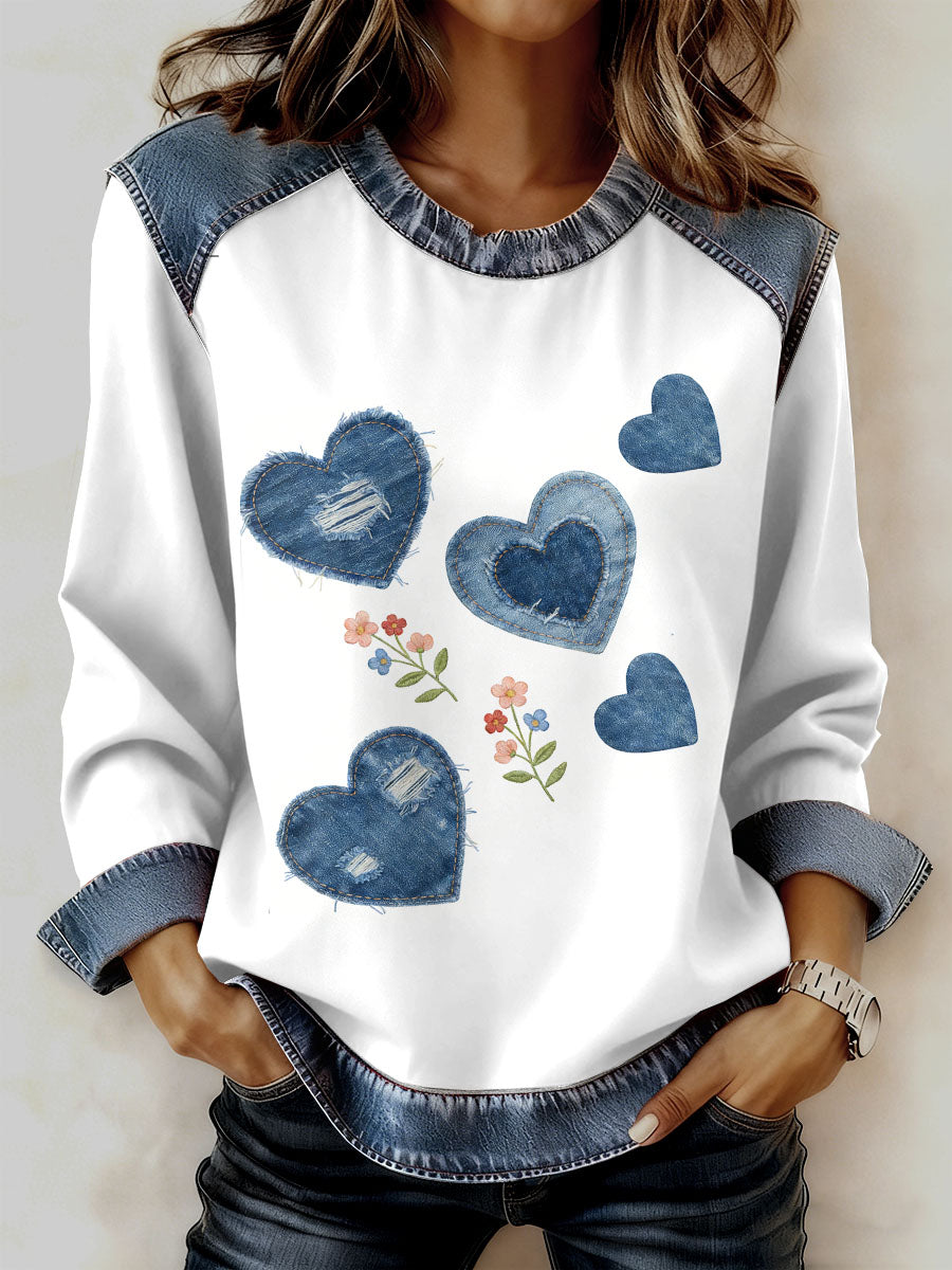 Damska bluza z motywem patchworku w stylu retro z kwiatowym sercem