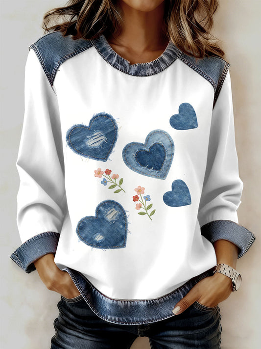 Damska bluza z motywem patchworku w stylu retro z kwiatowym sercem