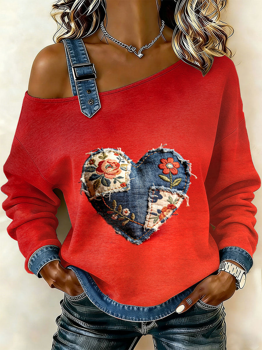 Damska bluza z motywem patchworku w stylu retro z kwiatowym sercem