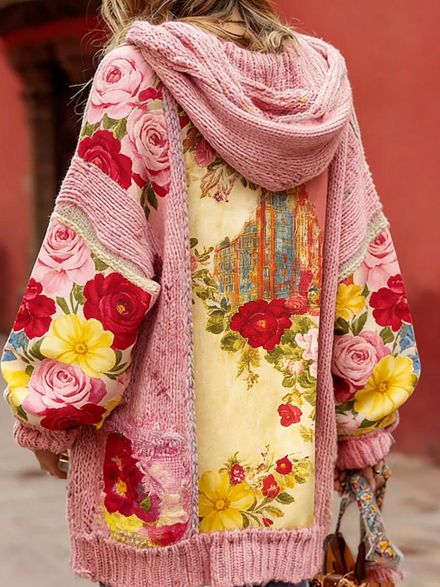 Damski styl vintage świadomość raka piersi z motywem kwiatowy wzór na guziki wygodny sweter z kapturem