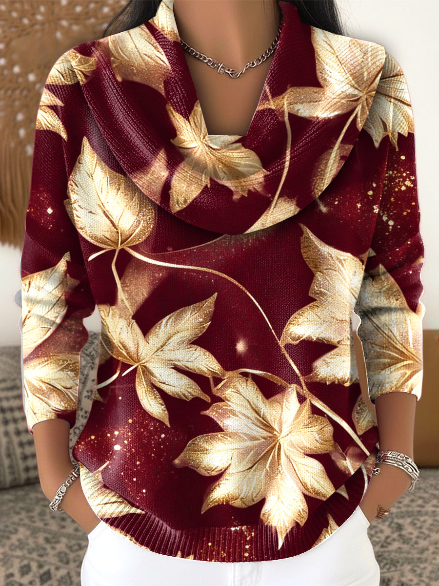 Damski brokat Maple Leaf nadruk Vintage czerwony imitacja sweter