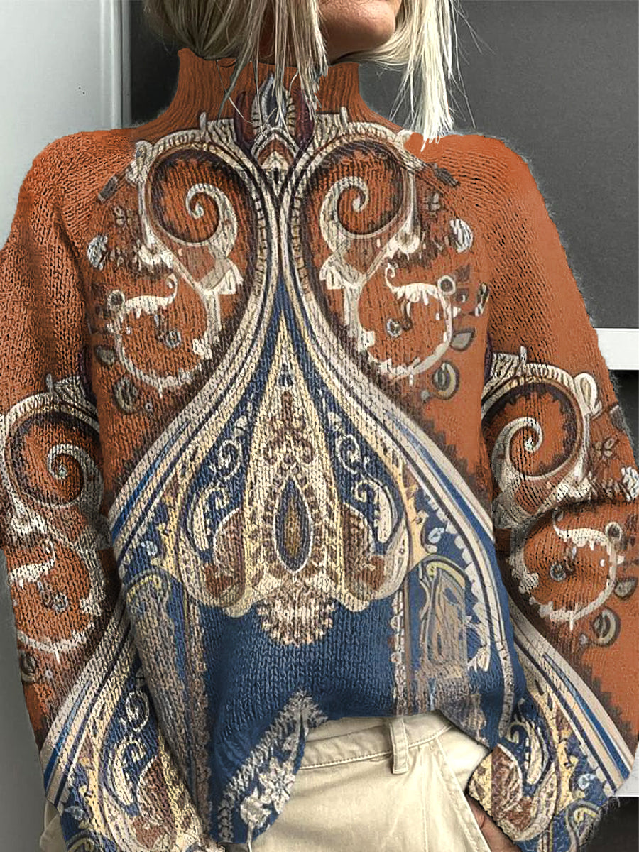 Damski karmelowy sweter golfowy w tradycyjny kwiatowy wzór