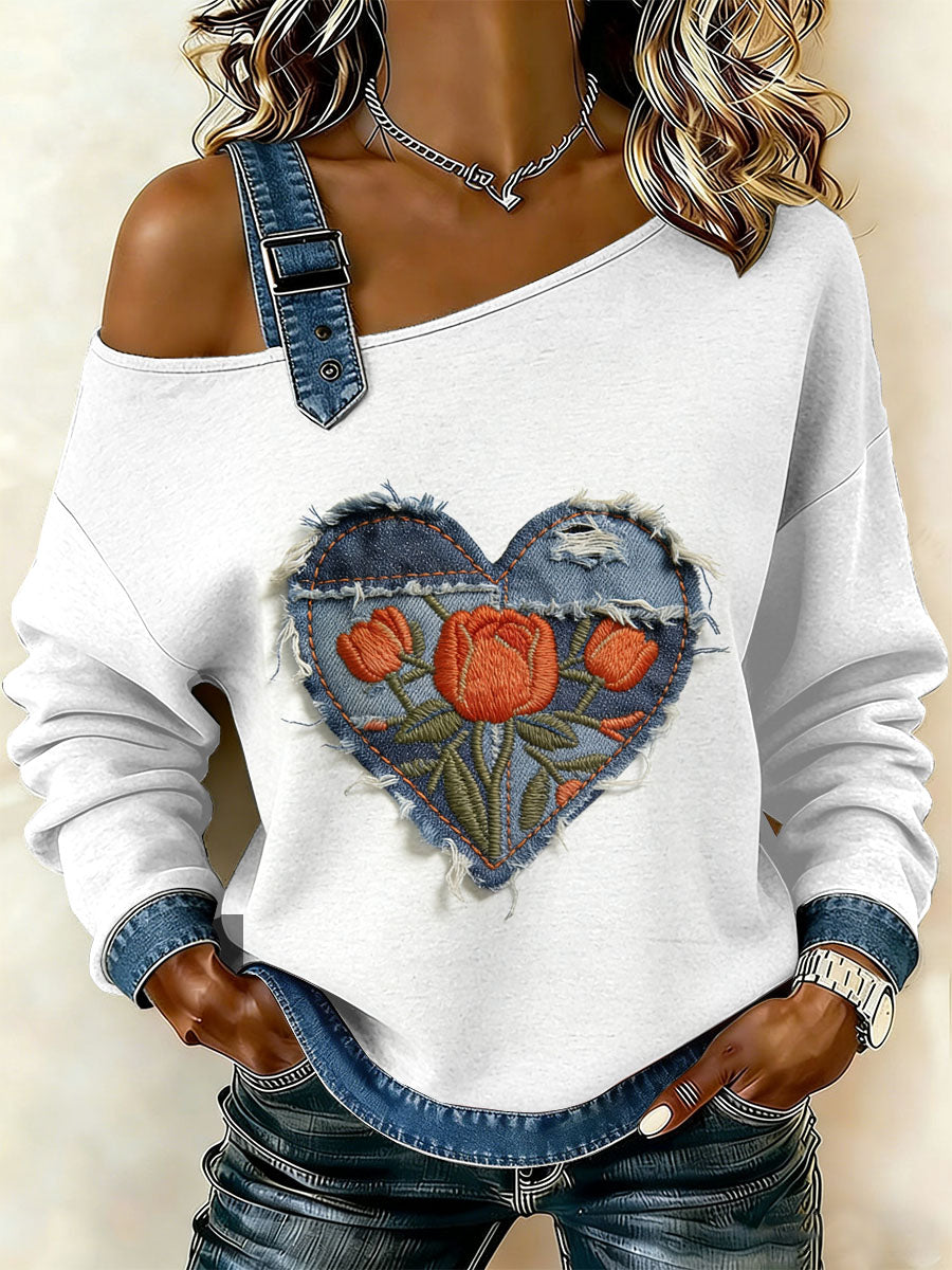 Damska bluza z motywem patchworku w stylu retro z kwiatowym sercem