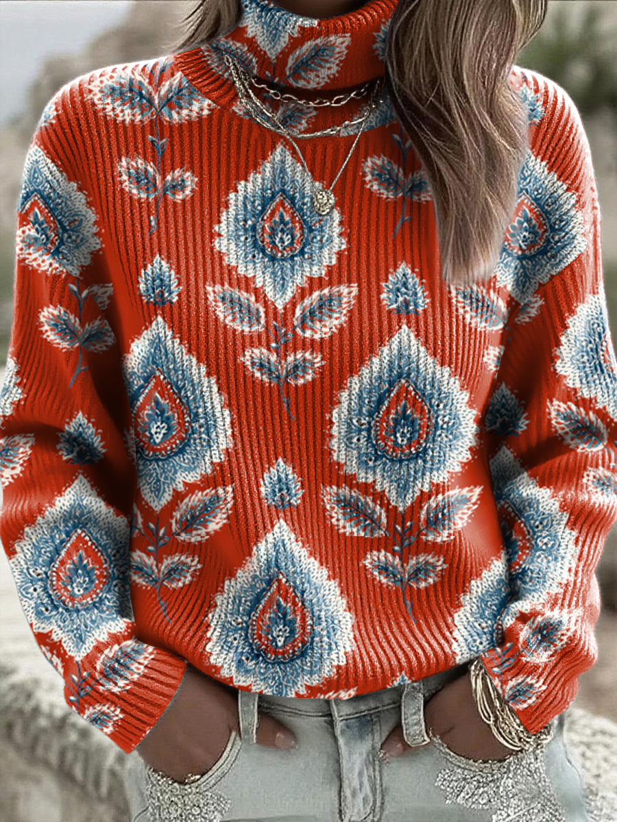 Damski czerwony sweter z golfem w paisley