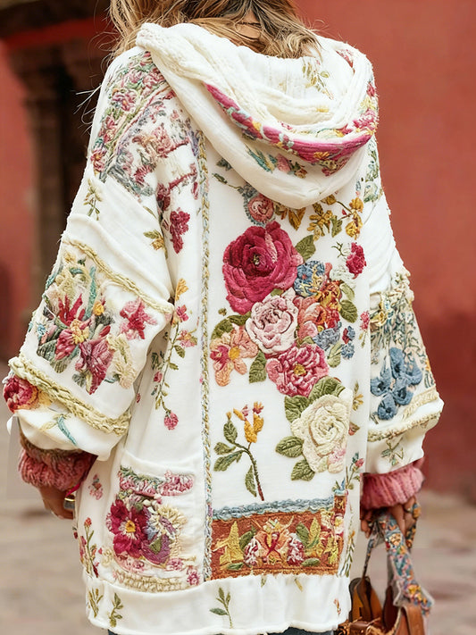 Damski styl vintage świadomość raka piersi z motywem kwiatowy wzór na guziki wygodny sweter z kapturem