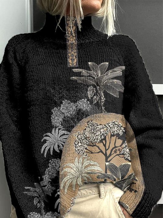 Damski czarny tradycyjny sweter z golfem w kwiatowy wzór