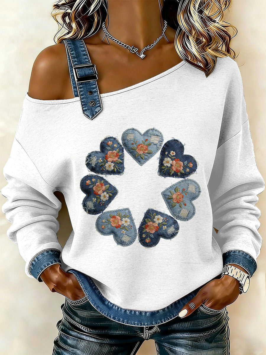 Damska bluza z motywem patchworku w stylu retro z kwiatowym sercem