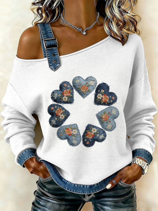 Damska bluza z motywem patchworku w stylu retro z kwiatowym sercem