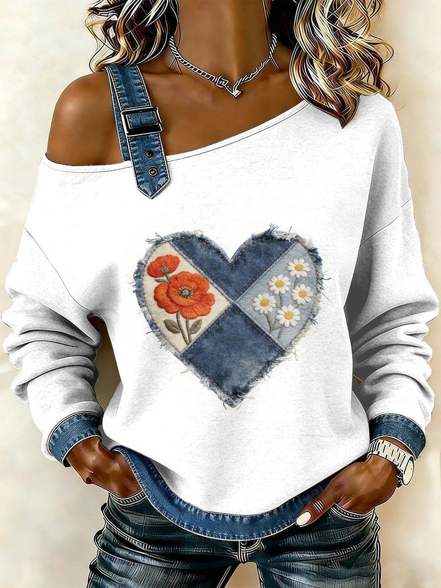 Damska bluza z motywem patchworku w stylu retro z kwiatowym sercem