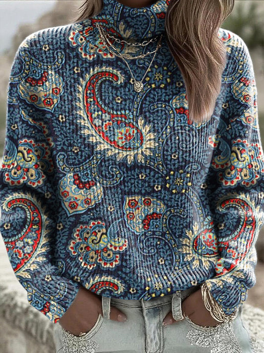 Damski tradycyjny granatowy sweter golfowy z nadrukiem Paisley