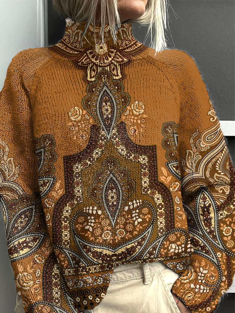 Damski czeski sweter z golfem w kwiaty Paisley print w kolorze karmelu