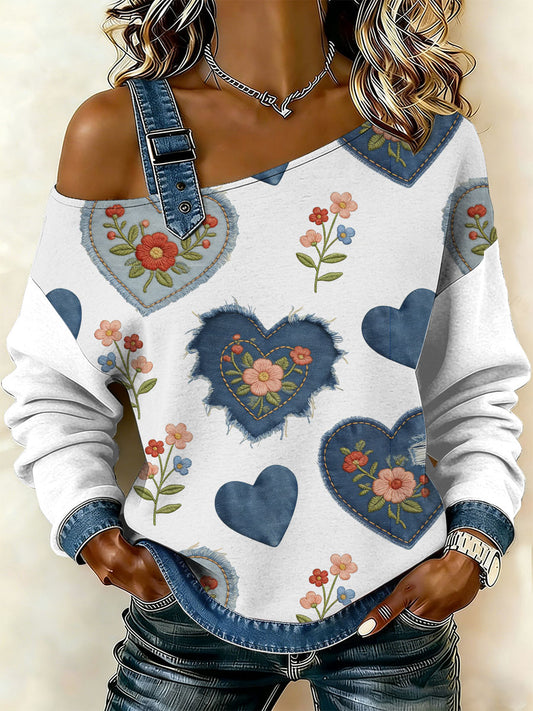 Damska bluza z motywem patchworku w stylu retro z kwiatowym sercem