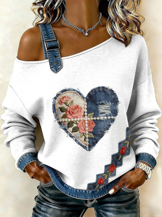 Damska bluza z motywem patchworku w stylu retro z kwiatowym sercem