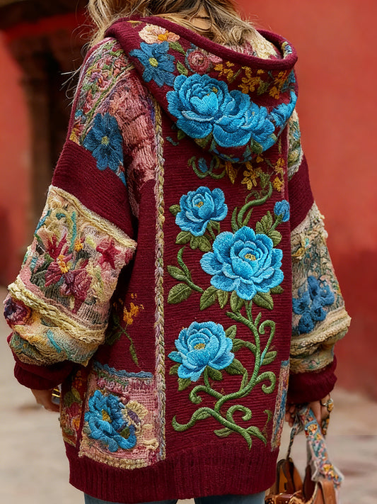 Damski styl vintage świadomość raka piersi z motywem kwiatowy wzór na guziki wygodny sweter z kapturem