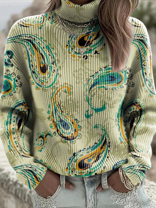 Damskie Pawie Pióro Paw Nadruk Zielony Sweter z golfem