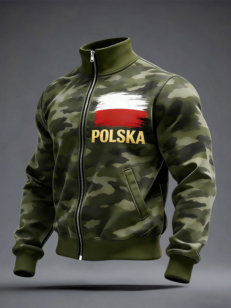 Nieformalna kurtka z zamkiem błyskawicznym retro kamuflaż z polską flagą