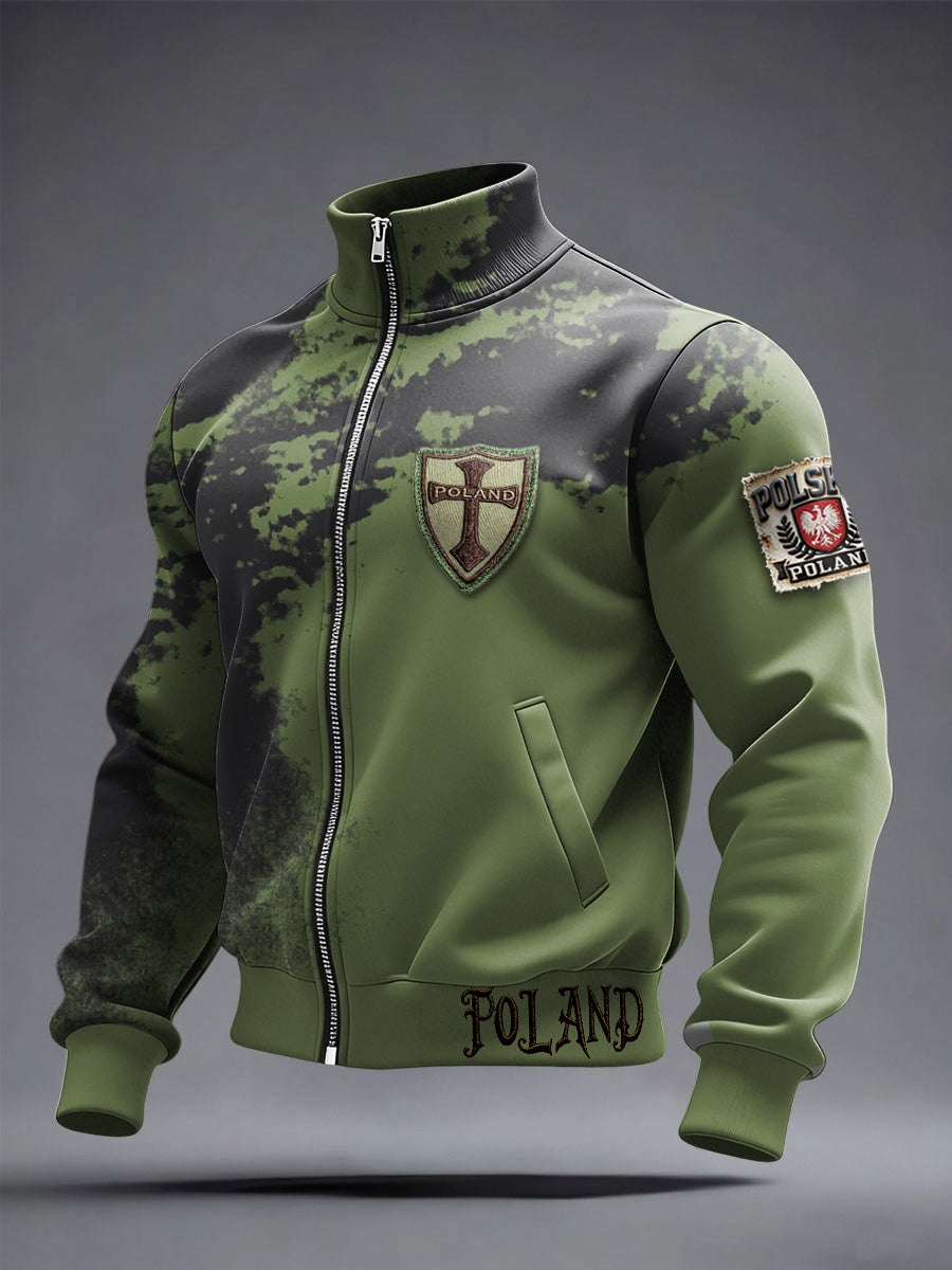 Męska kurtka z zielonym zamkiem z nadrukiem z polskim krzyżem
