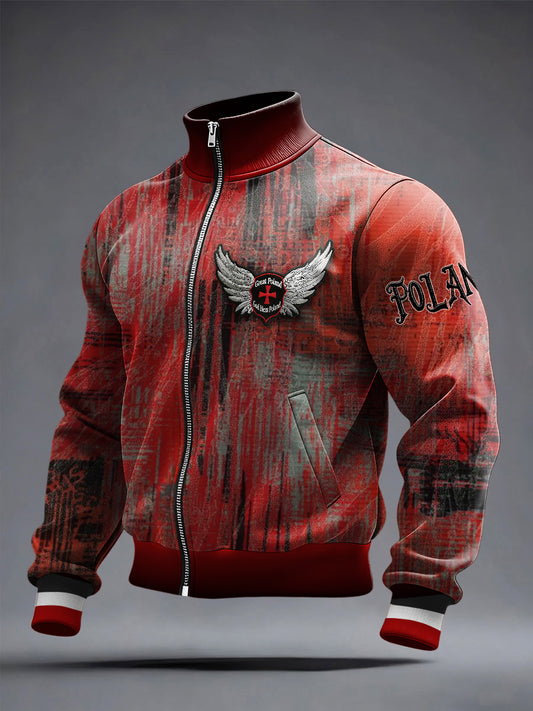 Męska czerwona kurtka z nadrukiem w stylu vintage