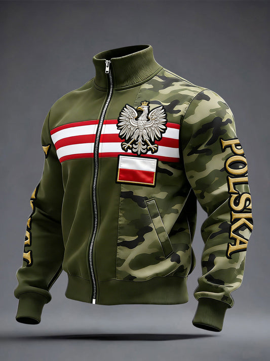 Retro polski orzeł flaga kamuflażu Patchwork Casual Zipper Jacket