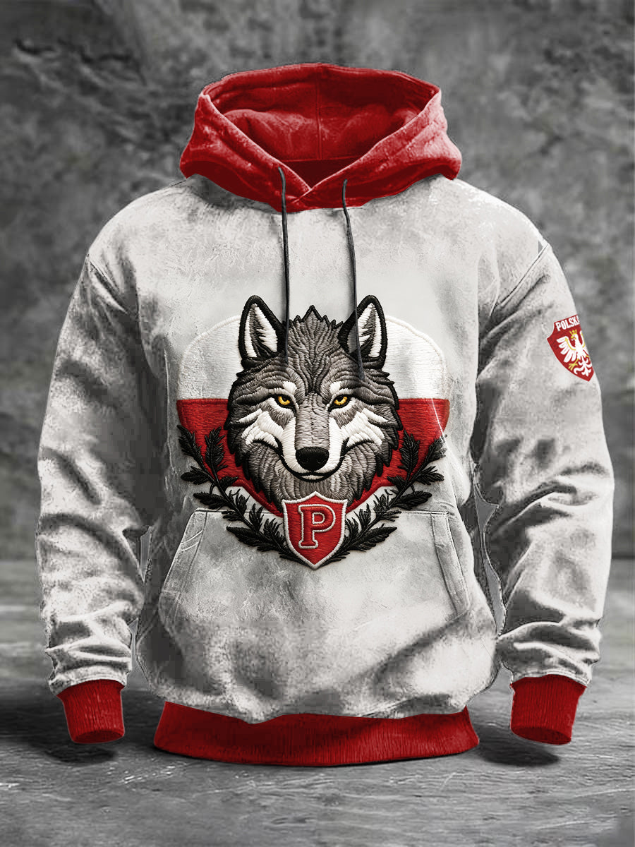 Męska szara polska wilk haftowana patchworkowa bluza z kapturem