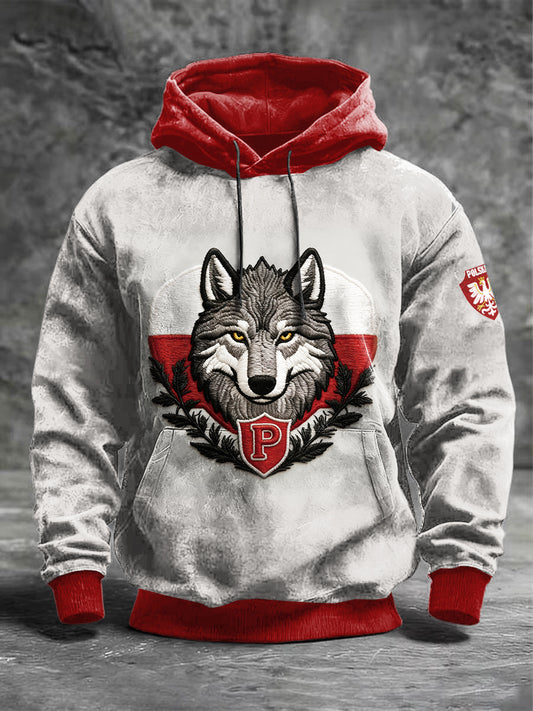 Męska szara polska wilk haftowana patchworkowa bluza z kapturem