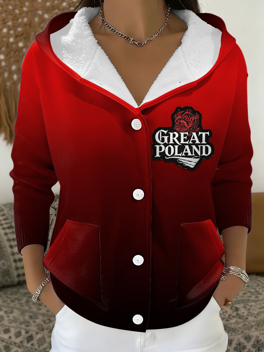 Damska czerwona polska tekstowa kurtka z nadrukiem gradientowa z kapturem