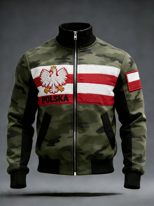 Patchwork na co dzień kurtka na zamek błyskawiczny z flagą orła w stylu retro