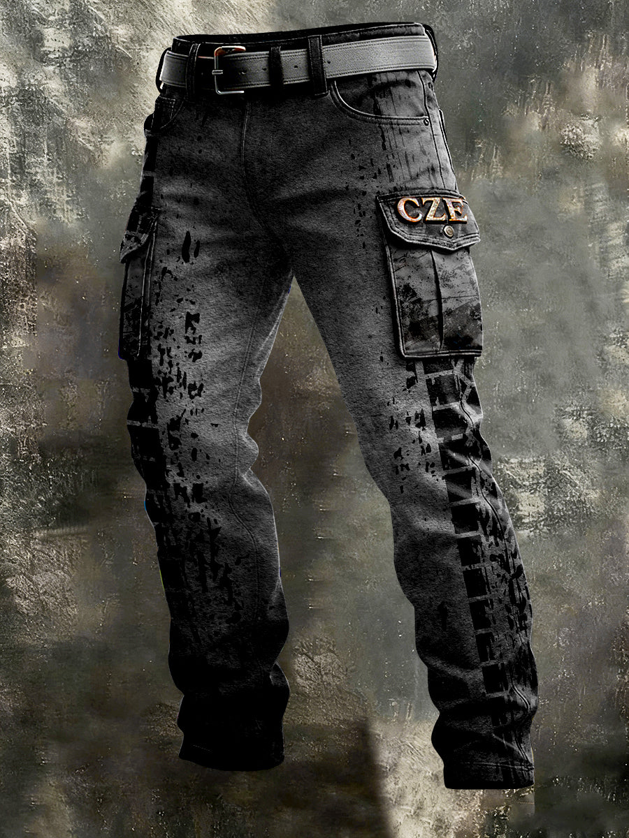 Męskie czeskie spodnie z nadrukiem w ciemnoszary