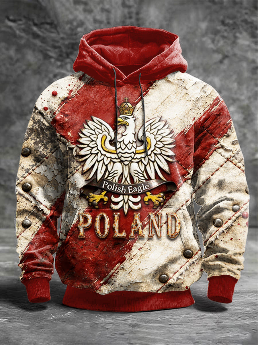 Męska polska bluza z kapturem w stylu vintage z nadrukiem patchworku