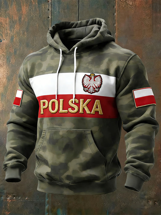 Retro Camo Polska flaga orła Patchwork Casual Bluza z kapturem