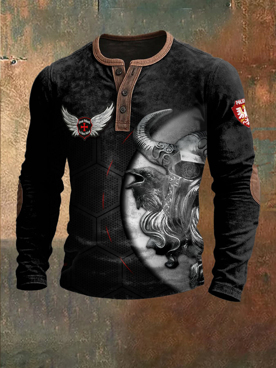 Męska polska bluza z nadrukiem rycerskim czarna patchworkowa