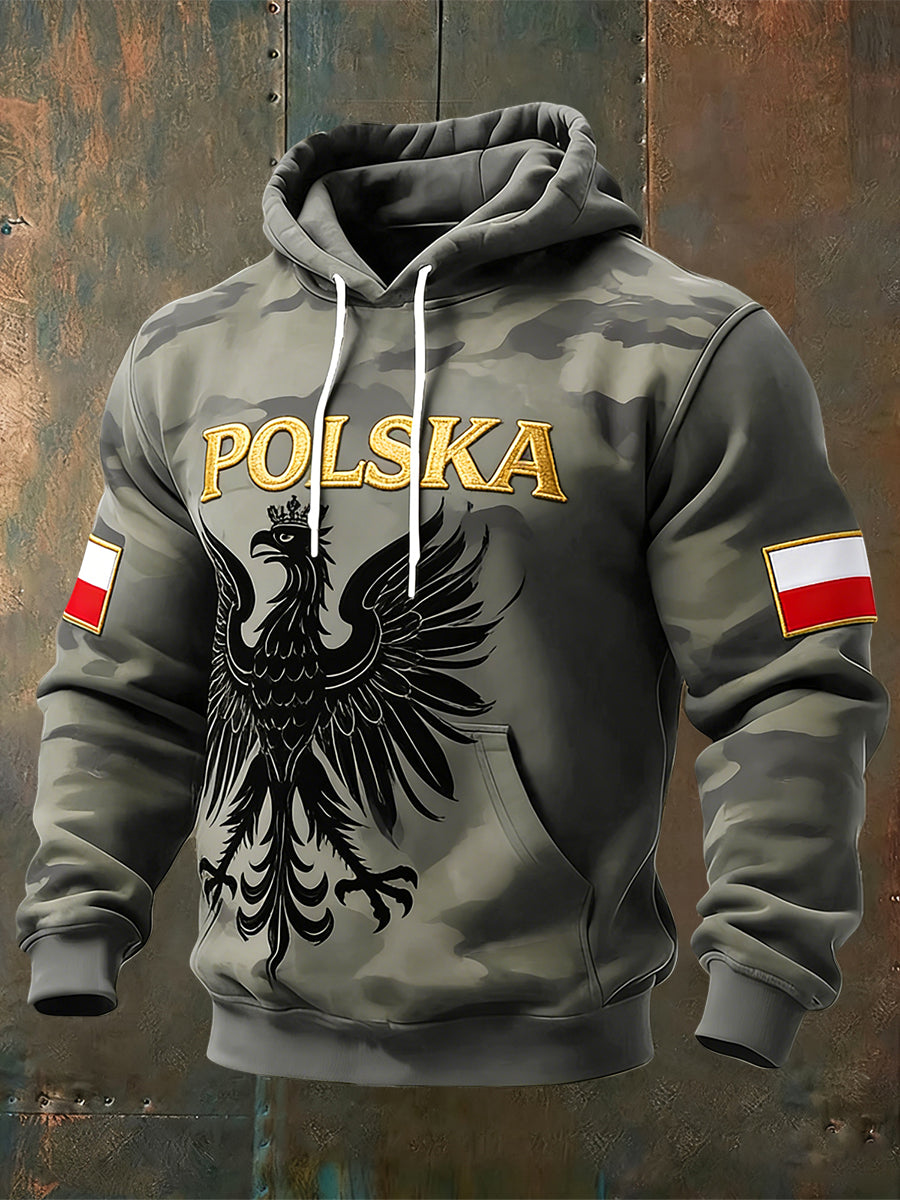 Retro Polski Orzeł Camo Patchwork Casual Bluza z kapturem