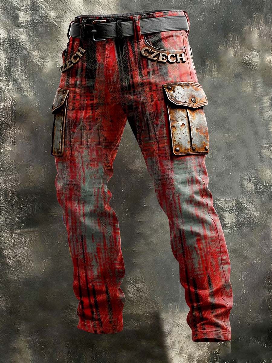 Męskie czeskie spodnie patchworkowe z nadrukiem w czerwonym stylu rockowym