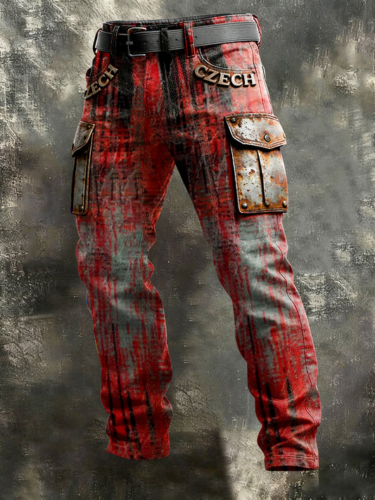 Męskie czeskie spodnie patchworkowe z nadrukiem w czerwonym stylu rockowym