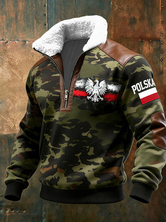 Męska Vintage Polski Art Print Casual I Wygodna Bluza Z Futrem Kołnierzem.
