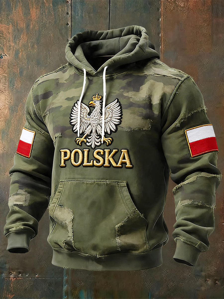 Retro Polski Orzeł Flaga Camo Patchwork Casual Bluza z kapturem
