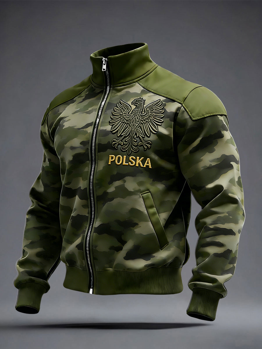 Patchworkowa kurtka z zamkiem błyskawicznym retro moro z flagą polskiego orła