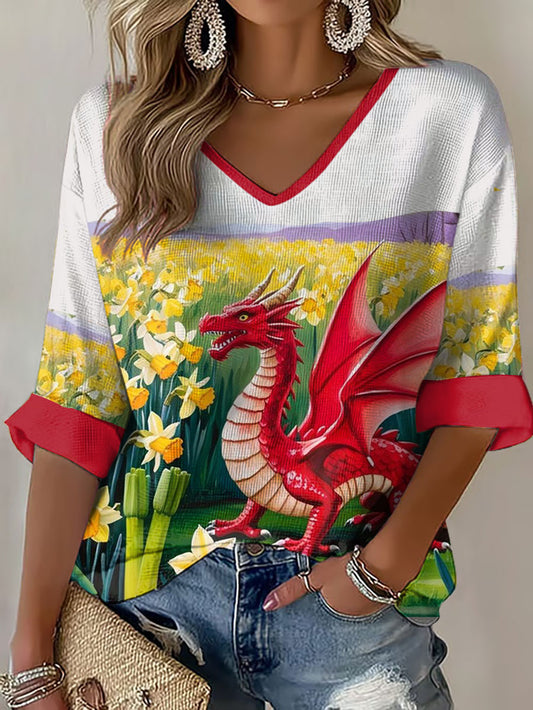 Women's Wales Welsh Rugby Lover Printed Waffle T-shirt