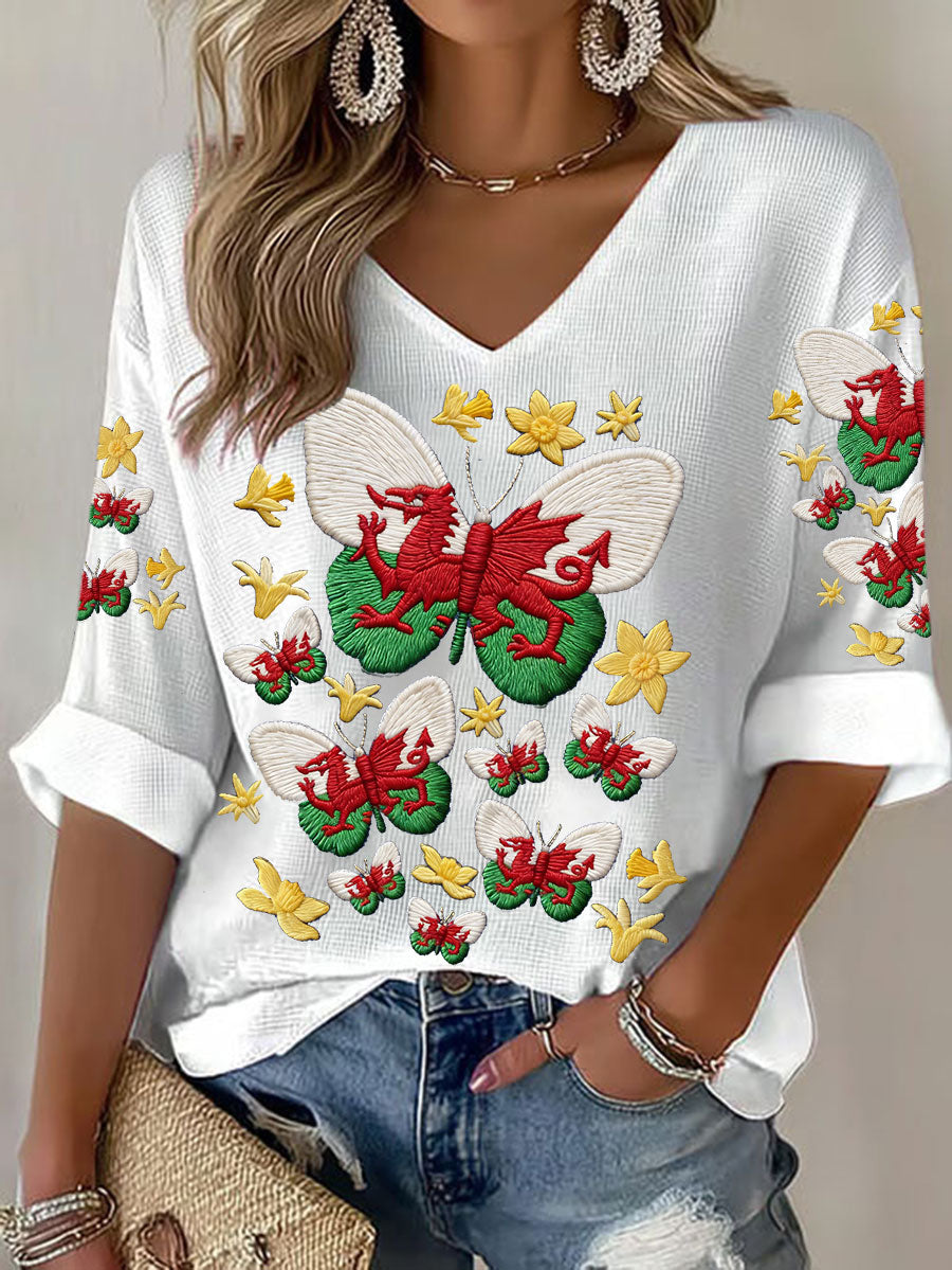 Women's Wales Welsh Rugby Lover Printed Waffle Tops